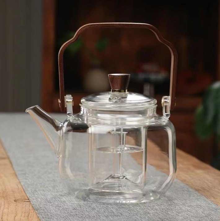 1L High Borosilicate Stovetop Safe Handmade Glass Teapot with Glass Strainer Wooden Handle and Lid Glass Tea Maker