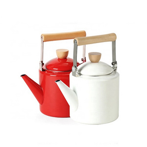 Ready Stock Enamel Water Milk Kettle Teapot Coffee Pot With Wooden Handle 2L