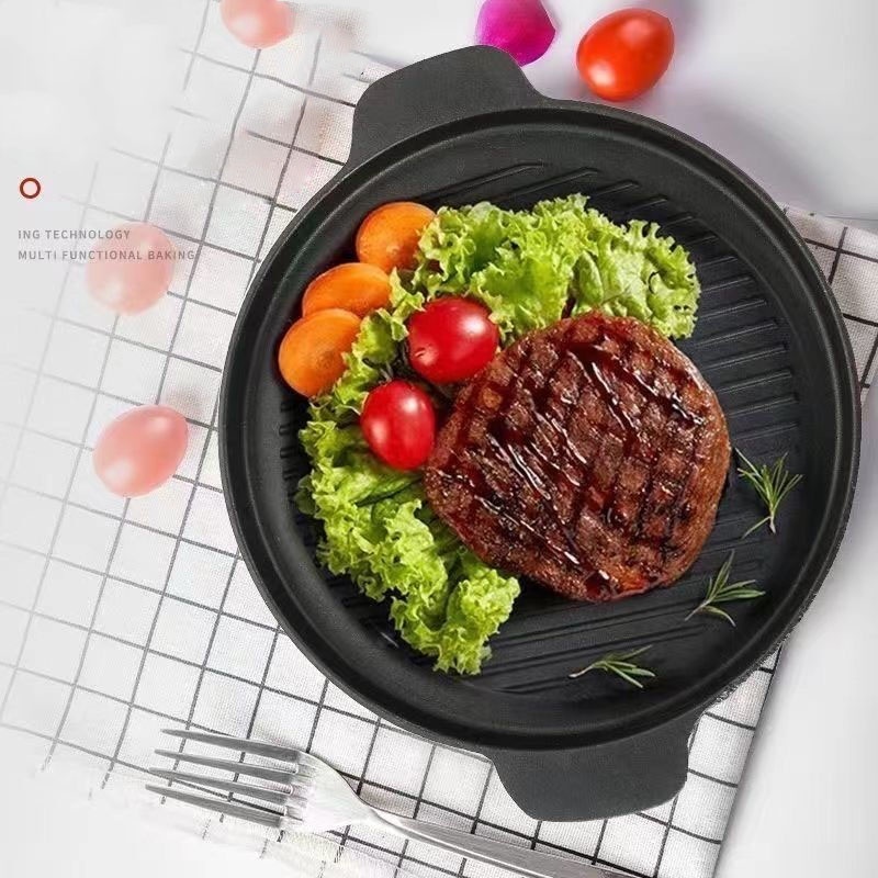 Hot Sale Round Cast Iron Grill Pan Steak Pan Pre Seasoned Steak Plate with Dual Handles Sizzling Plate Camping Skillet Fry Pan