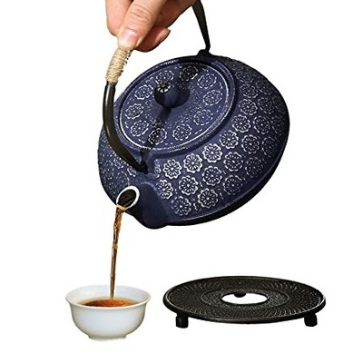 Hot selling blue cherry blossom pattern interior enameled cast iron teapot with ss filter