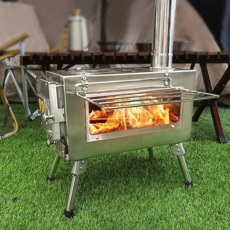 Portable Wood Stove Outdoor Fire Wood Stove With Window Accessories Camping Stainless Steel Cooking Heating Stove