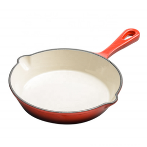 Enameled Cast Iron Skillet Round Frying Pan for Kitchen Multipurpose Cooking Pan with Porcelain Enamel Coating and Pour Spout