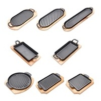 Hot Sale Cast Iron Sizzler Plate Non-Stick BBQ Hot Grill Pan Griddle Plate Sizzling Hot Plate with Wooden Tray Base