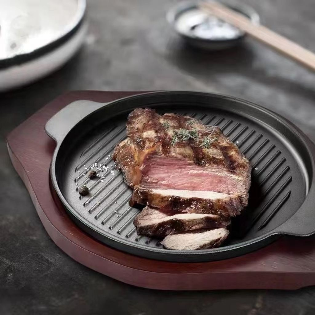 Hot Sale Round Cast Iron Grill Pan Steak Pan Pre Seasoned Steak Plate with Dual Handles Sizzling Plate Camping Skillet Fry Pan