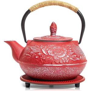 Bespoke Red Japanese Tetsubin Cast Iron Teapot Gift Set with SS Filter and Porcelain Enamel Anti-Rust