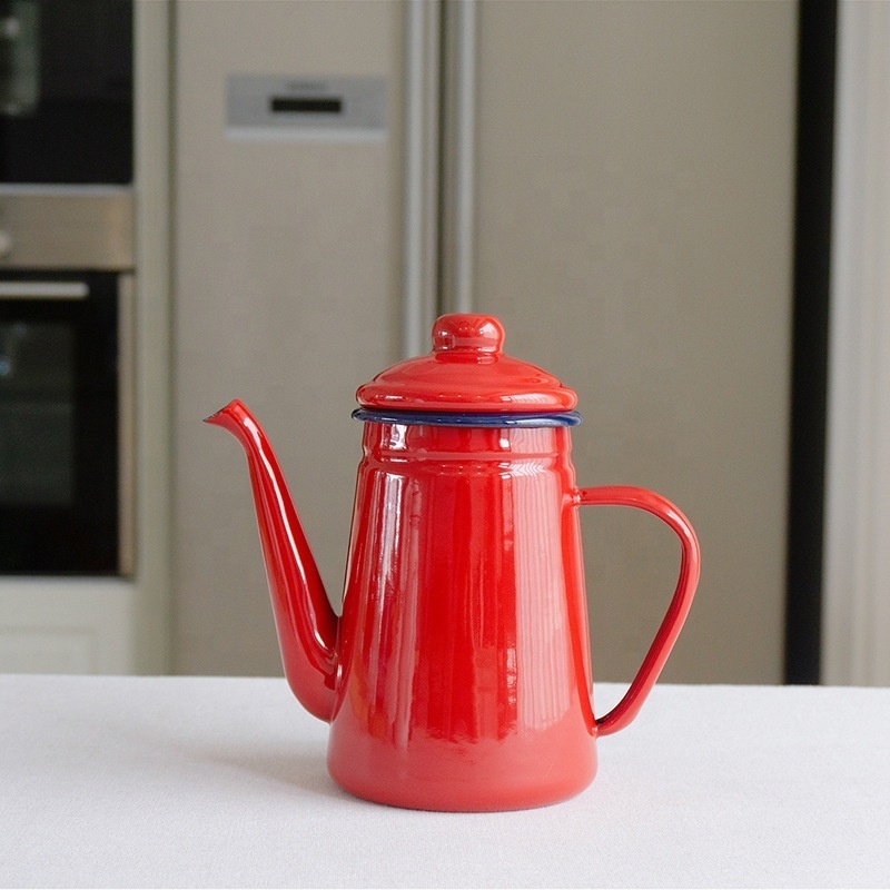 High-Grade Enamel Coffee Pot Pour over Milk Water Jug Pitcher Barista Teapot Kettle for Gas Stove and Induction Cooker Red