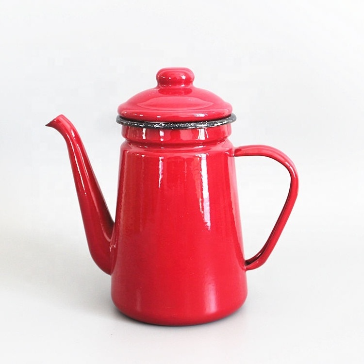 High-Grade Enamel Coffee Pot Pour over Milk Water Jug Pitcher Barista Teapot Kettle for Gas Stove and Induction Cooker Red