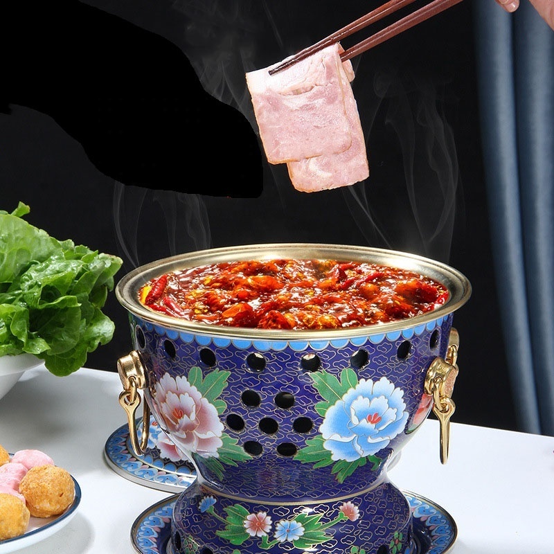 Wholesale Chinese Copper Hot Pot Cloisonne Enamel Pure Copper Hot Pot Alcohol Hotpot for Single Chafing Dish Picnic Cooker