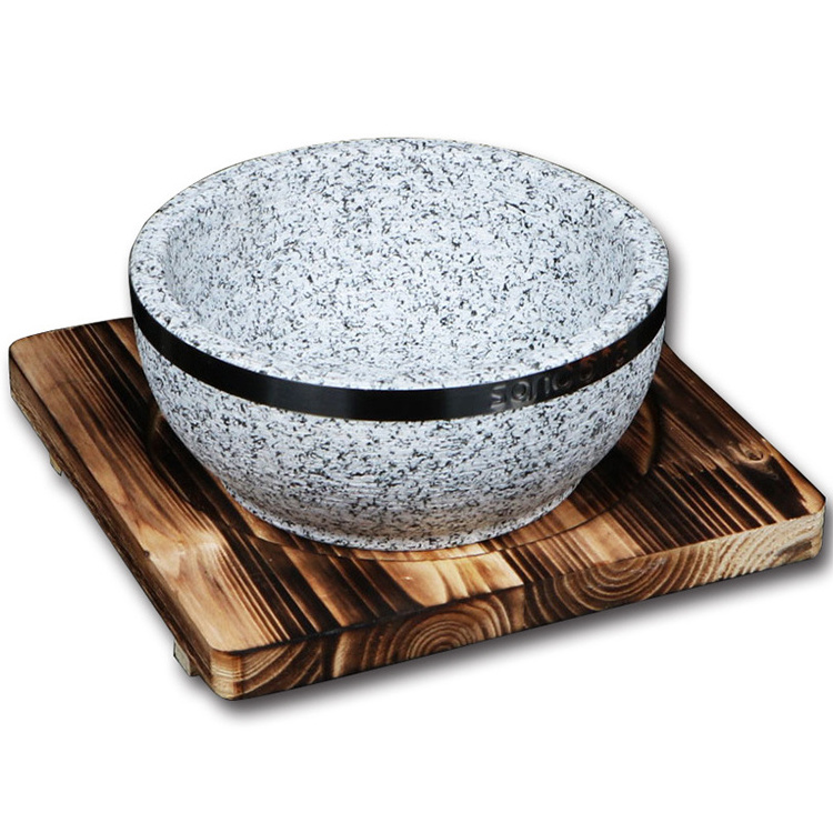 Stone Cookware Natural Granite Stone Bowl Serving Pot with Lid and Wood Stand