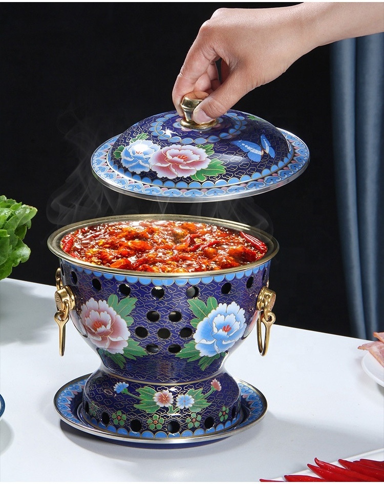 Wholesale Chinese Copper Hot Pot Cloisonne Enamel Pure Copper Hot Pot Alcohol Hotpot for Single Chafing Dish Picnic Cooker