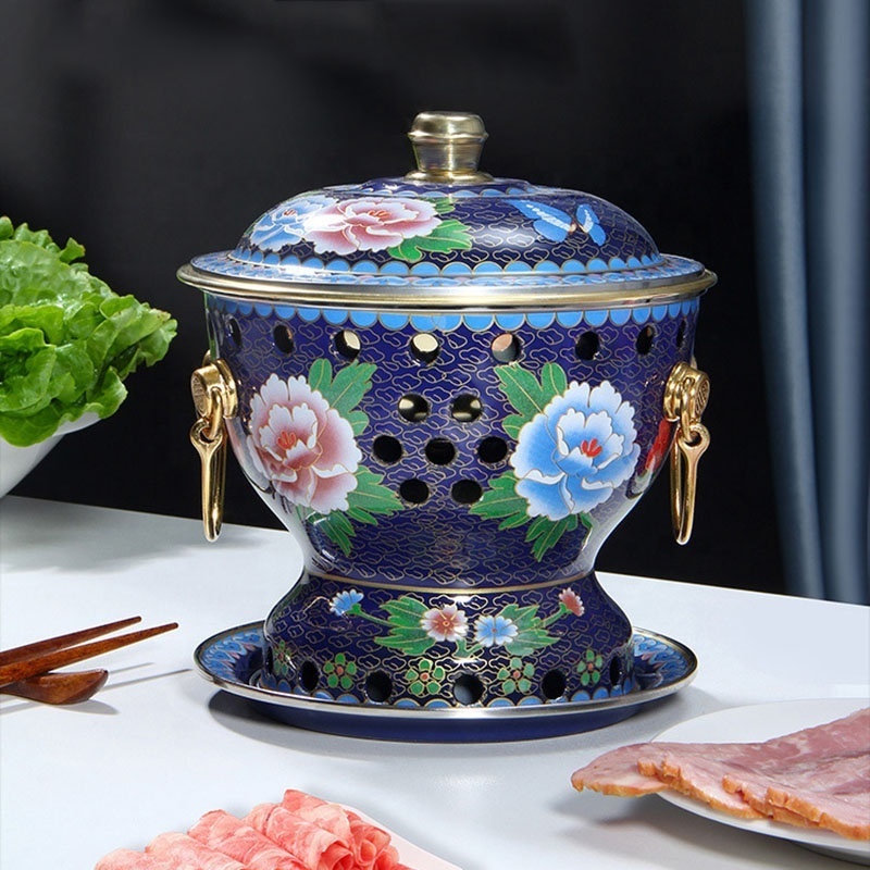 Wholesale Chinese Copper Hot Pot Cloisonne Enamel Pure Copper Hot Pot Alcohol Hotpot for Single Chafing Dish Picnic Cooker