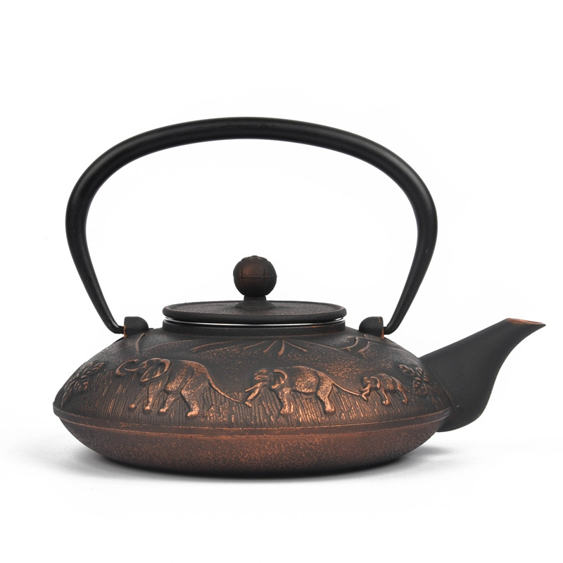 Bronze cast iron flat teapot inner enameled tea kettle embossed with elephant pattern