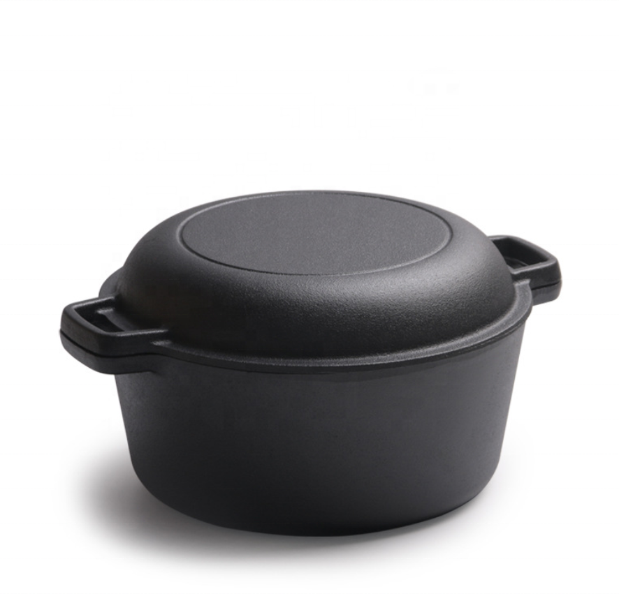 Cast Iron Dutch Oven Pot With Lid 2-In-1 Pre-Seasoned 5qt Dutch Oven Cast Iron Cookware For Frying Camping Cooking and Baking