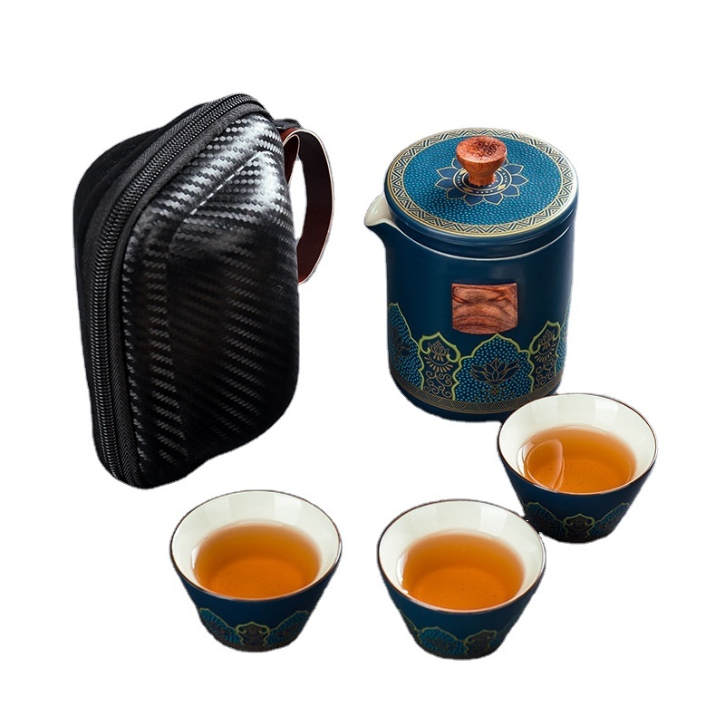 Chinese style ceramic tea set 3 pcs portable travel kungfu teapot carrying bag set for outdoor tea making