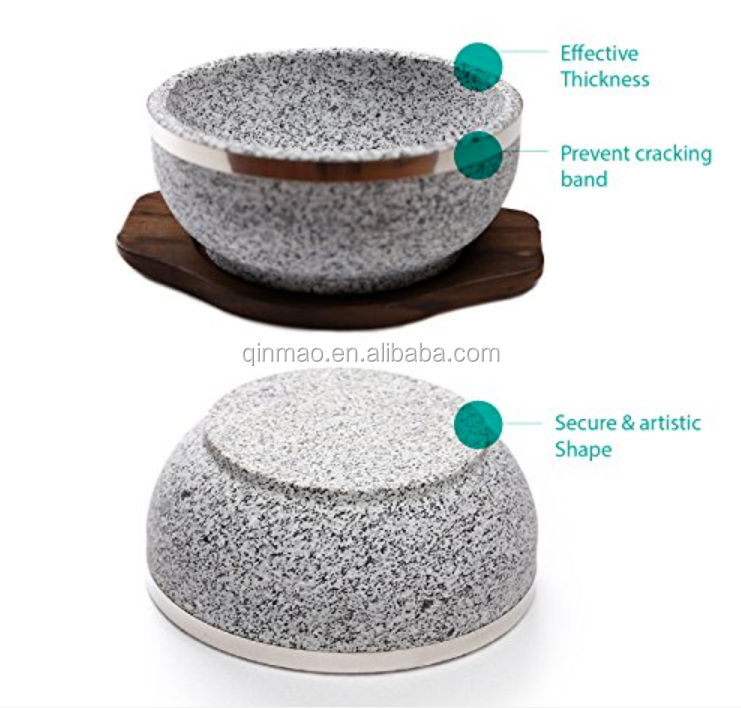 Wholesale Natural Green Stone Cookware Granite Stone Bowl Pot with Wood Base for Korean Dolsot Soup Rice Noodle Sizzling Food