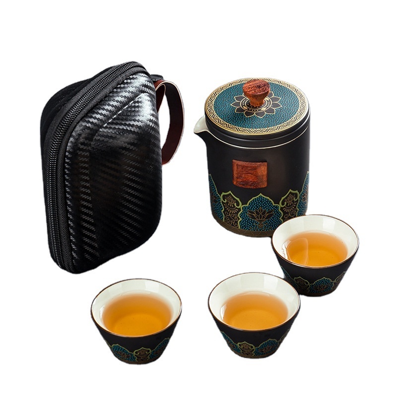 Chinese style ceramic tea set 3 pcs portable travel kungfu teapot carrying bag set for outdoor tea making