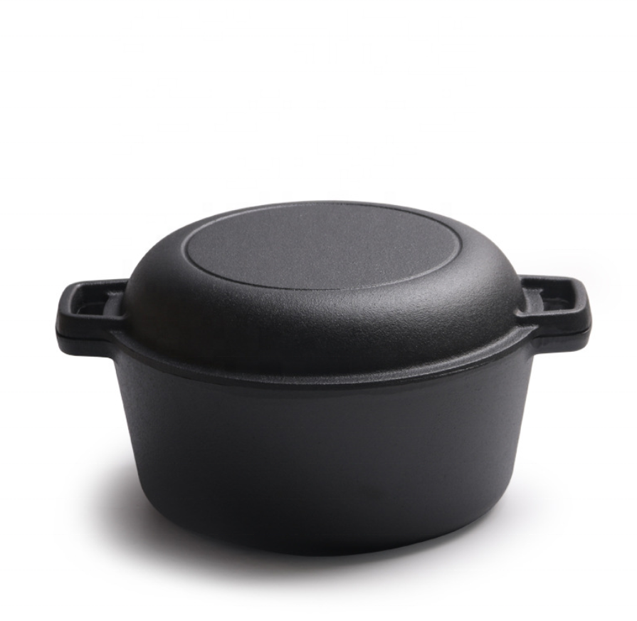 Cast Iron Dutch Oven Pot With Lid 2-In-1 Pre-Seasoned 5qt Dutch Oven Cast Iron Cookware For Frying Camping Cooking and Baking