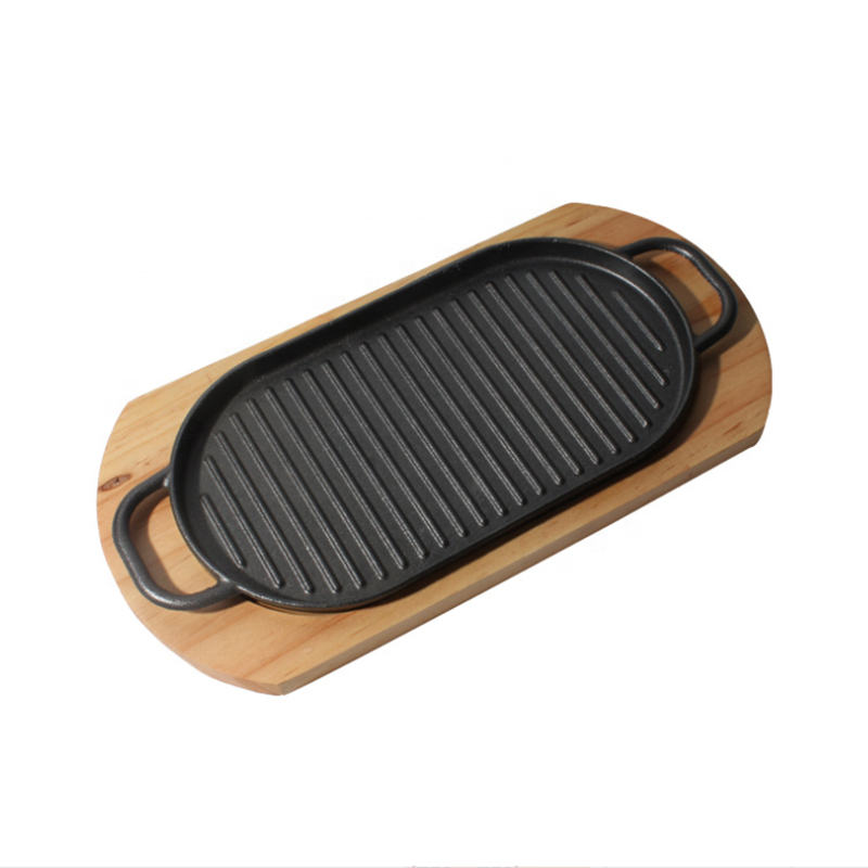 Hot Sale Cast Iron Sizzler Plate Non-Stick BBQ Hot Grill Pan Griddle Plate Sizzling Hot Plate with Wooden Tray Base