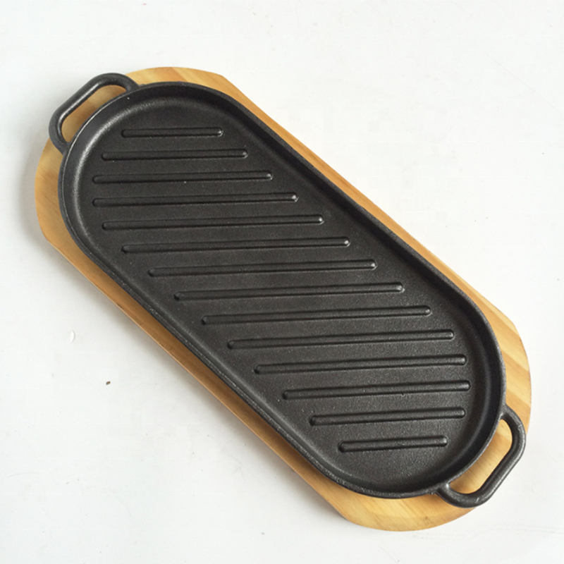 Hot Sale Cast Iron Sizzler Plate Non-Stick BBQ Hot Grill Pan Griddle Plate Sizzling Hot Plate with Wooden Tray Base