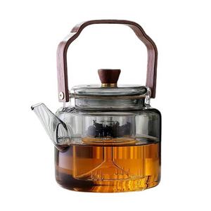 1L High Borosilicate Stovetop Safe Handmade Glass Teapot with Glass Strainer Wooden Handle and Lid Glass Tea Maker