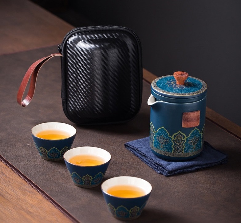 Chinese style ceramic tea set 3 pcs portable travel kungfu teapot carrying bag set for outdoor tea making