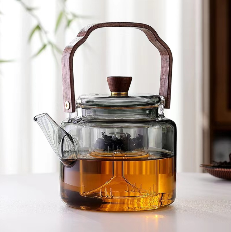 1L High Borosilicate Stovetop Safe Handmade Glass Teapot with Glass Strainer Wooden Handle and Lid Glass Tea Maker