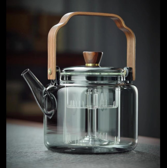 1L High Borosilicate Stovetop Safe Handmade Glass Teapot with Glass Strainer Wooden Handle and Lid Glass Tea Maker