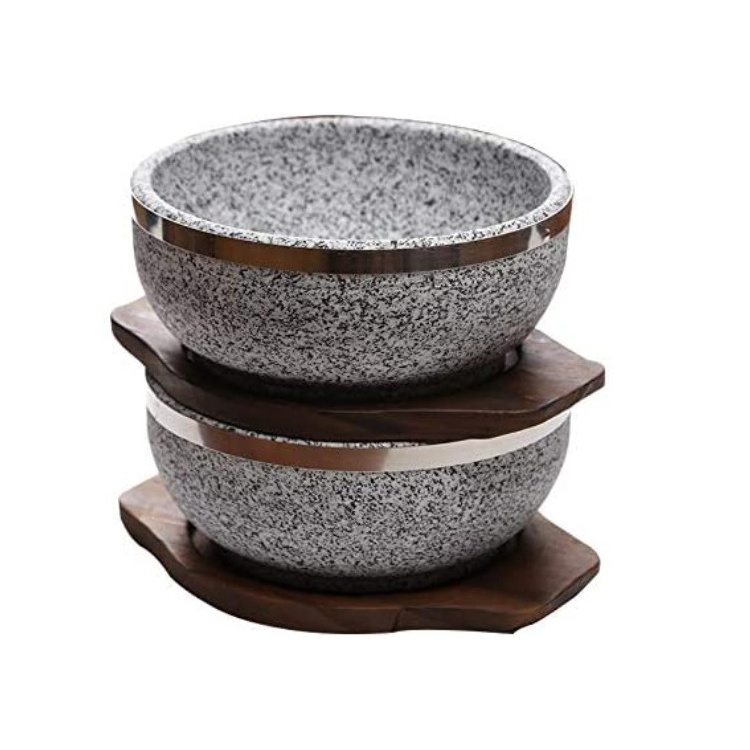 Stone Cookware Natural Granite Stone Bowl Serving Pot with Lid and Wood Stand