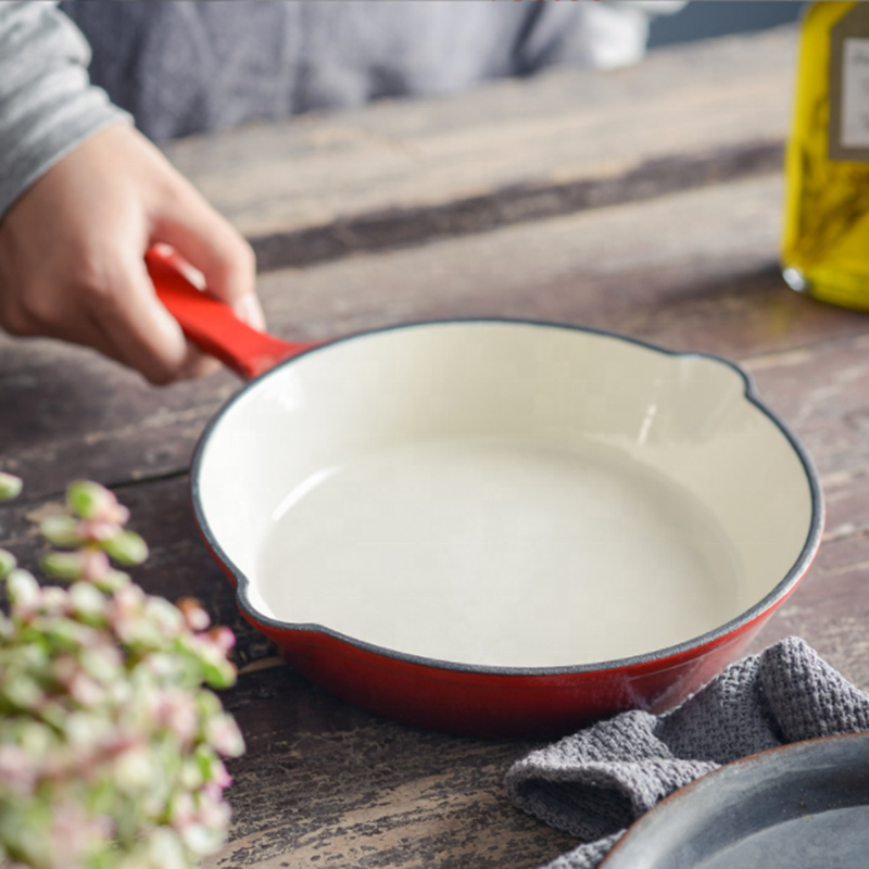 Enameled Cast Iron Skillet Round Frying Pan for Kitchen Multipurpose Cooking Pan with Porcelain Enamel Coating and Pour Spout