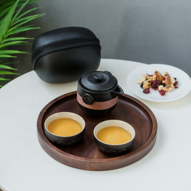 Hot Sale Black Portable Travel Tea Set Ceramic Gongfu Tea pot and Cups Set for Outdoor with Carring Bag