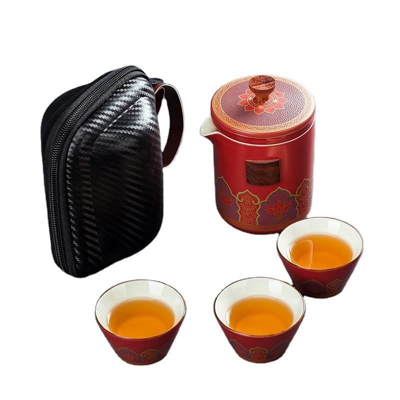 Chinese style ceramic tea set 3 pcs portable travel kungfu teapot carrying bag set for outdoor tea making