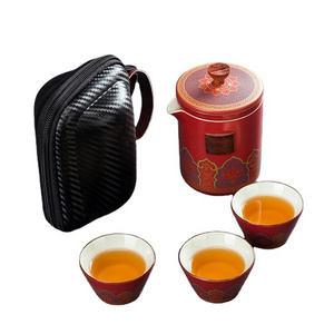 Chinese style ceramic tea set 3 pcs portable travel kungfu teapot carrying bag set for outdoor tea making