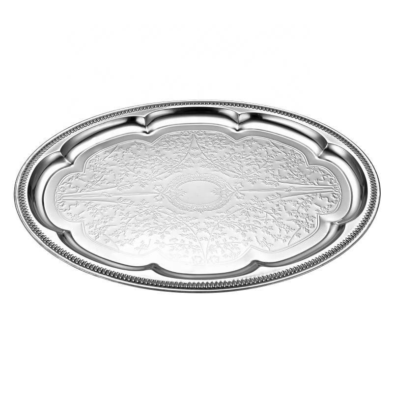 Stainless Steel  Oval Shape Serving Tray Flower Design Plate Fruit Serving Tray Wedding Tray