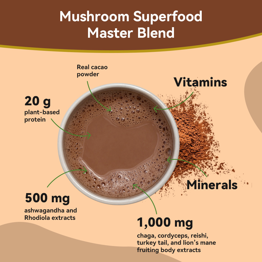 Wholesale Private Label Vitamins Plant Based Mushroom Protein Powder Supplement Organic Vegan Custom Chocolate Protein Powder