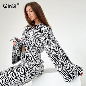 QINSI 2023 Autumn Striped Home Suit For Women  Pajama Loose Long Sleeve High Waist Women's Pajamas Set Zebra Print Sleepwear