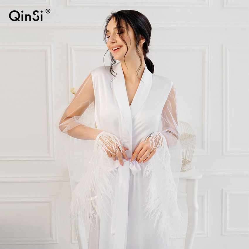 QINSI See Through Bride Dresses White Wedding Dressing Gown Long Robes Women Sexy Bathrobes Transparent Satin Robe With Fur