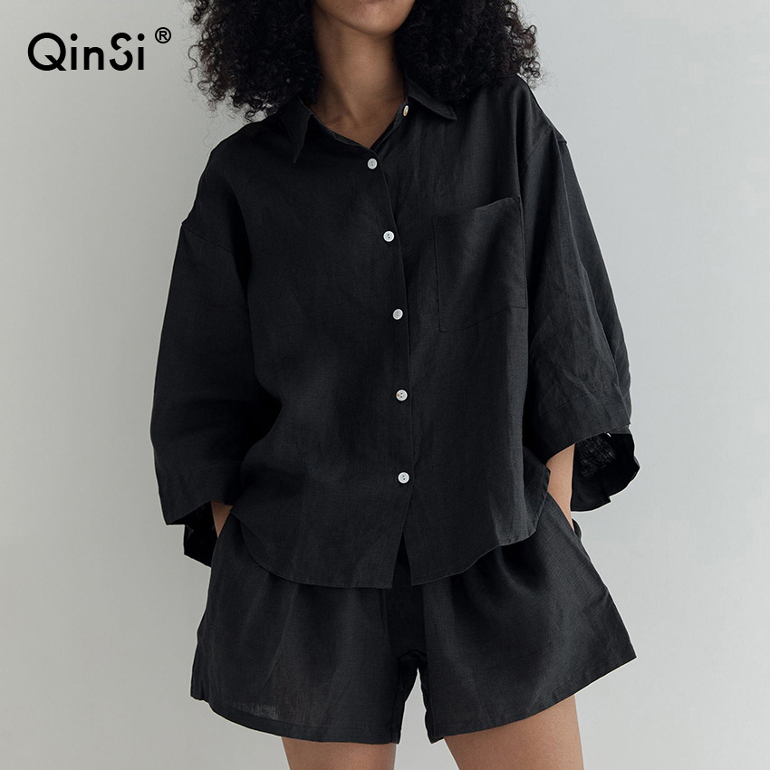 QINSI Female Spring Three Quarter Sleeve Nightwear Nightie For Women Loose Pajamas Single Breasted Black Cotton Sleepwear