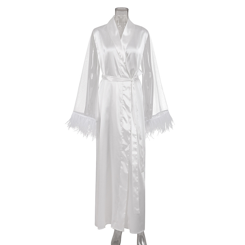 QINSI See Through Bride Dresses White Wedding Dressing Gown Long Robes Women Sexy Bathrobes Transparent Satin Robe With Fur