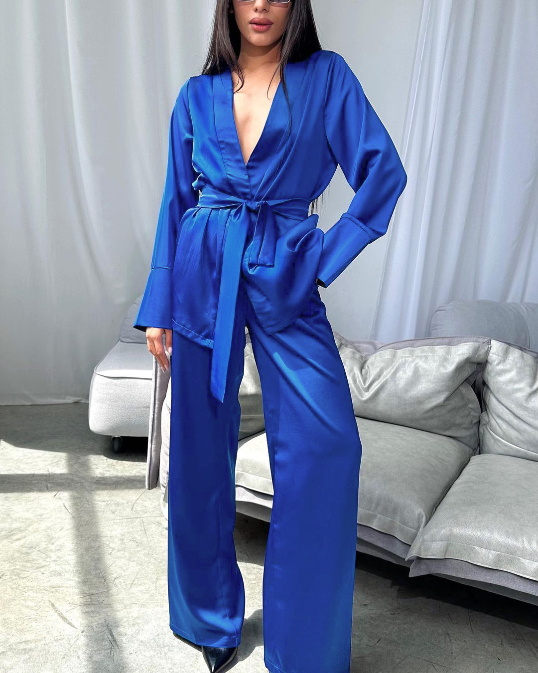 QINSI New Trend Klein Blue Bath Robe For Hotel Factory Wholesale Sashes Sleepwear For Women