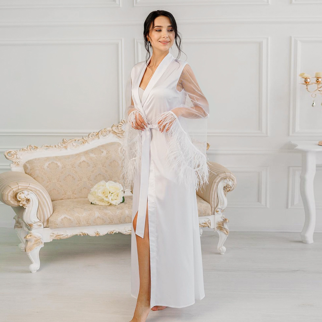 QINSI See Through Bride Dresses White Wedding Dressing Gown Long Robes Women Sexy Bathrobes Transparent Satin Robe With Fur