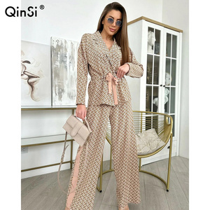 QINSI Lace Up Nightie Long Sleeve Nightwear Pants Nightgown Suit Turn-Down Collar Sleepwear Loose Printing Femme Pajama Set