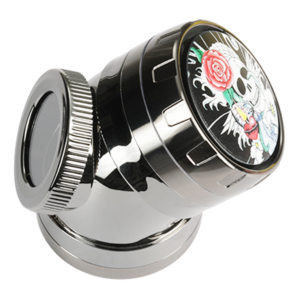 New tobacco grinder with drilling rudder crooked neck 63MM4-layer electroplating grinder with magnifying glass elbow