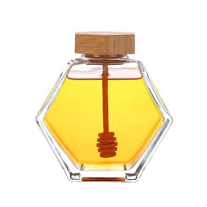 Wholesale 100ML 220ML 280ML 380ML Custom Hexagon Empty Honey Glass Jar With Wood Lid Dipper