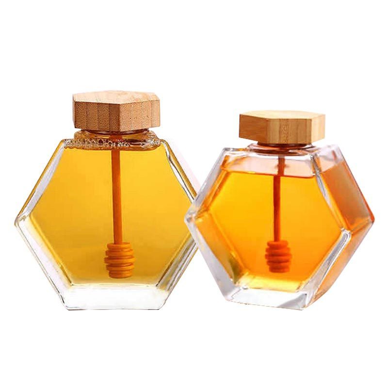 Wholesale 100ML 220ML 280ML 380ML Custom Hexagon Empty Honey Glass Jar With Wood Lid Dipper