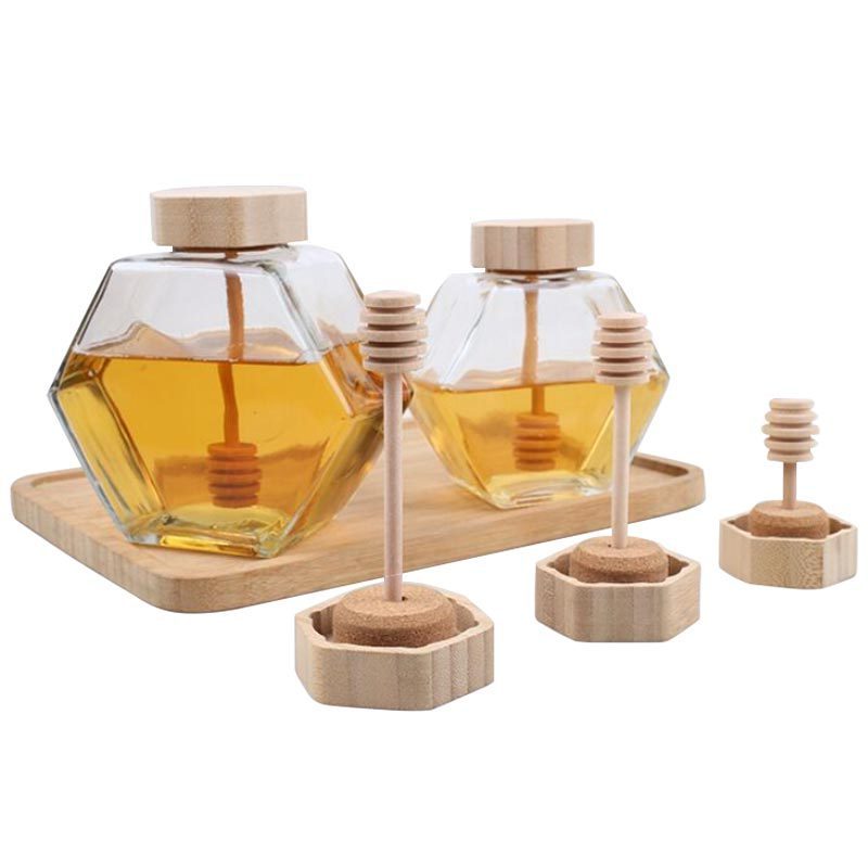 Wholesale 100ML 220ML 280ML 380ML Custom Hexagon Empty Honey Glass Jar With Wood Lid Dipper