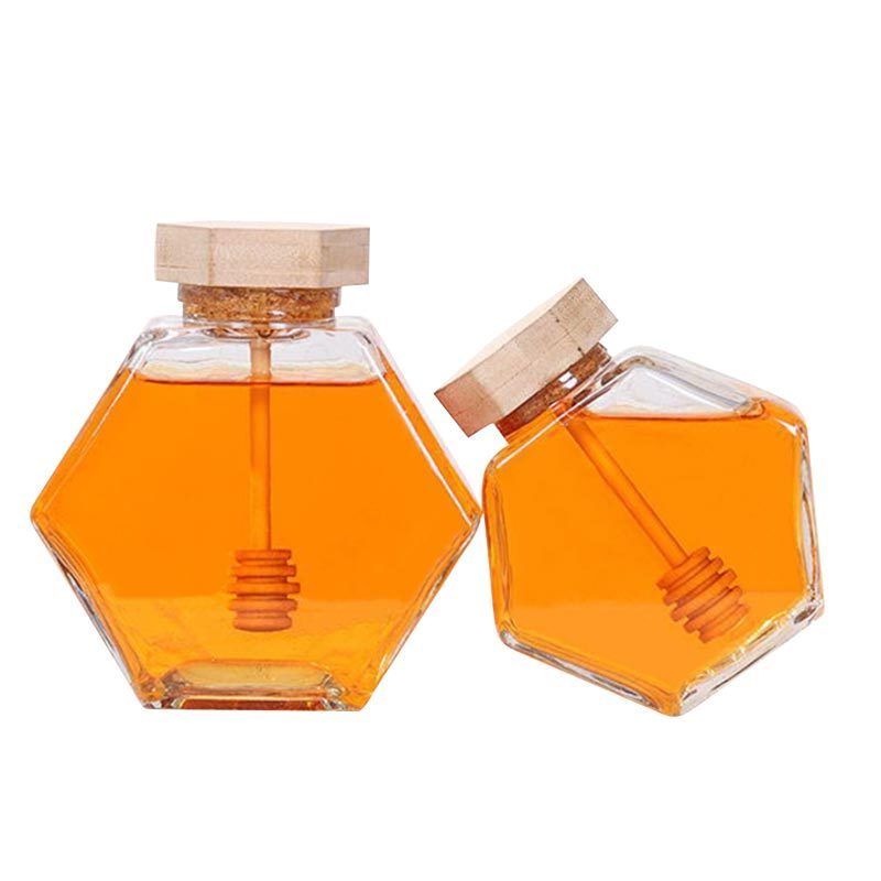 Wholesale 100ML 220ML 280ML 380ML Custom Hexagon Empty Honey Glass Jar With Wood Lid Dipper