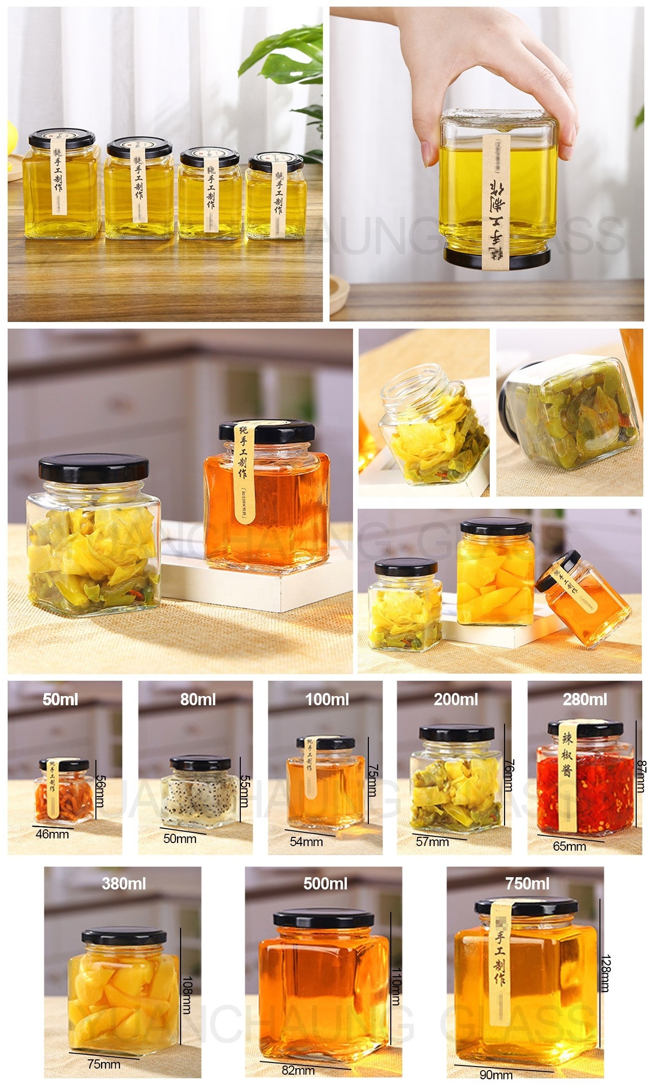 50ml 80ml 100ml 150ml 200ml 280ml 380ml 500ml 730ml Food Storage Square Honey  Glass Jar  for jam and pickle with metal lid