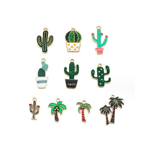 Metal Alloy Enamel Cactus Coconut Tree Dangle Charm for DIY Bracelet Jewelry Making