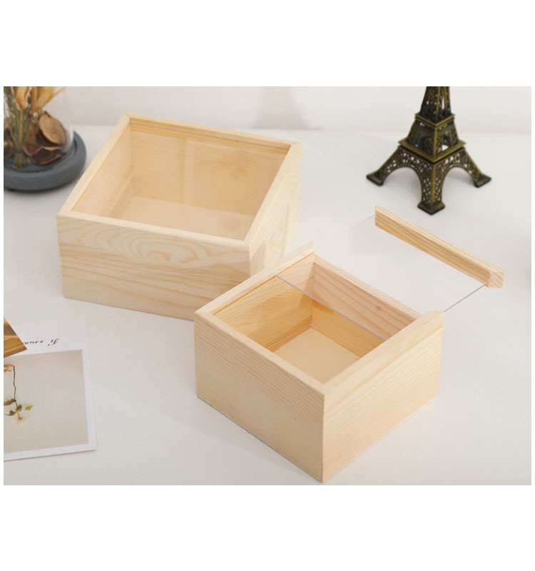 Natural Wooden Box Wood Case Storage Container Box for Gift Jewelry Box Art Craft With Clear Acrylic Sliding Lid