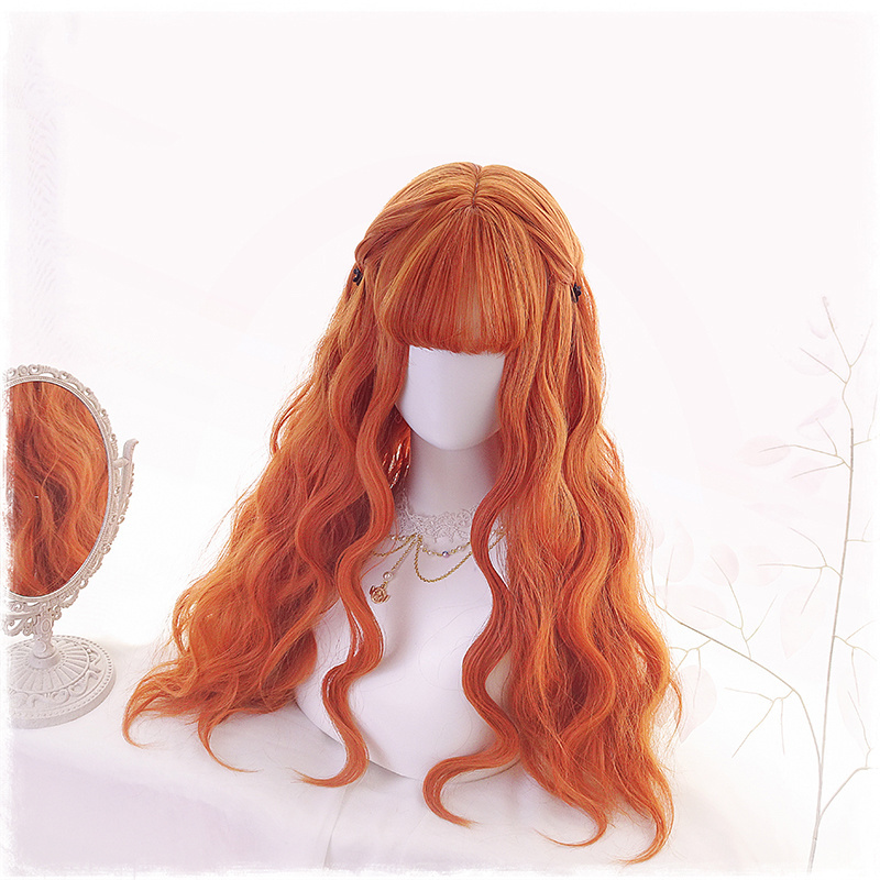 Red Orange Long Big Wavy Natural Synthetic Hair Wigs Technique Cosplay Party Women Beauty Princess Japanese Wig